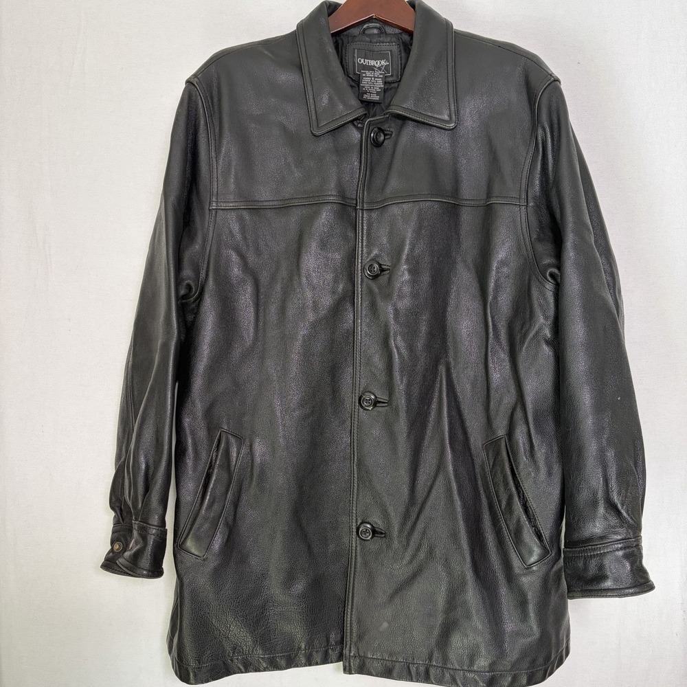 Outbrook Men L Genuine Leather Bomber Jacket Black Button Quilted Lined Heavy